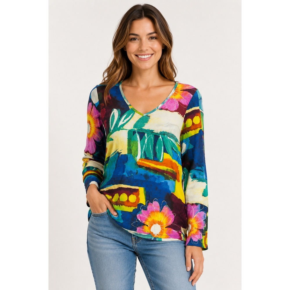 Jams World Womens XS Abstract Floral Rayon V-Neck Long Sleeve Top Multi-Color